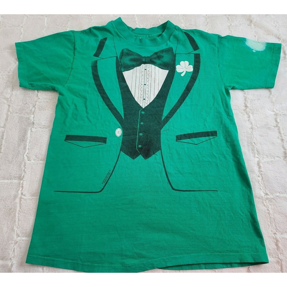 Vtg 1980 Shamrock Tuxedo T-Shirt Large St Patricks day green tux costume Michiga
